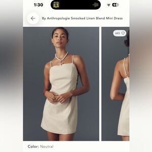 Anthropologie Neutral Smocked Linen-Blend Mini Dress